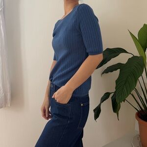 Banana Republic 100% Merino Wool Short Sleeve Ribbed Blue Sweater Top Size M